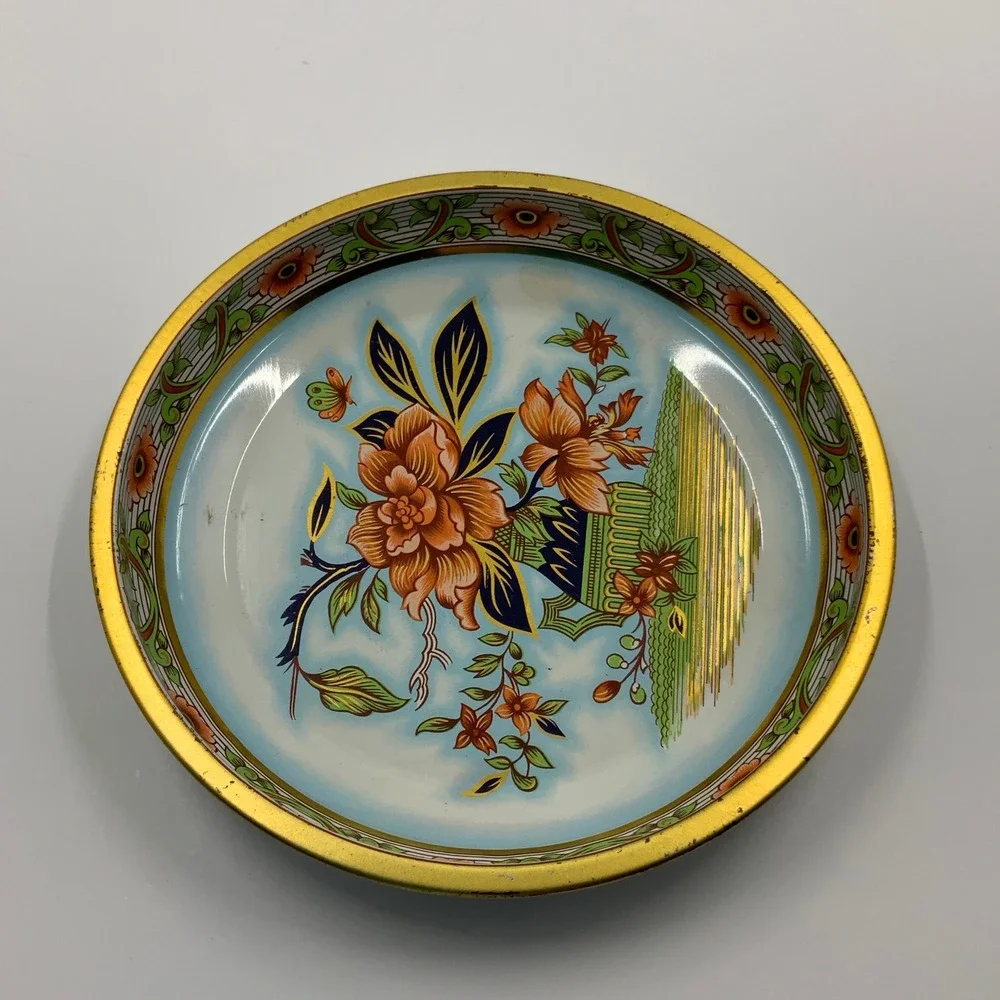 Vintage Daher Decorated Ware Tin Plate Floral Butterfly Gold Rim Made in England